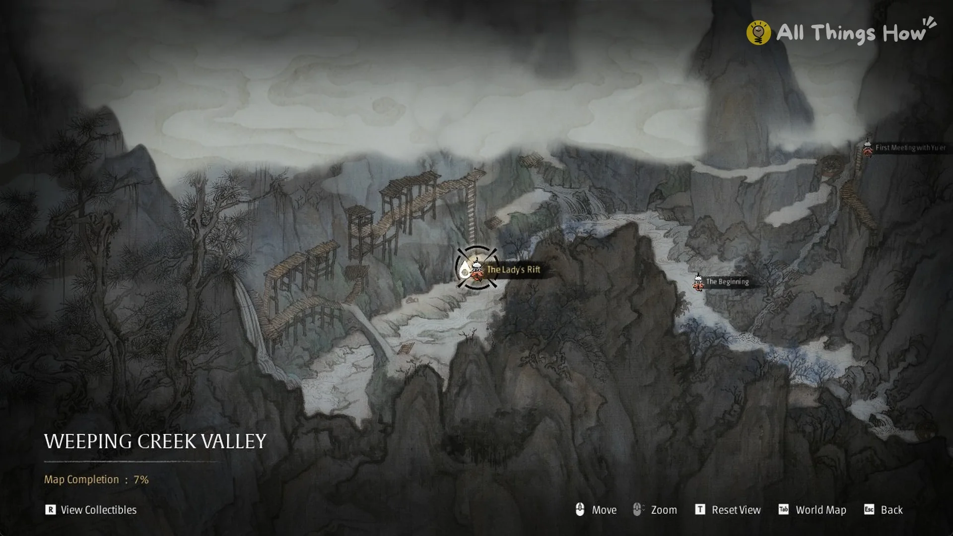 The Traverse map zoomed out with The Lady's Rift, The Beginning and First Meeting with Yu'er bells in Phantom Blade Zero