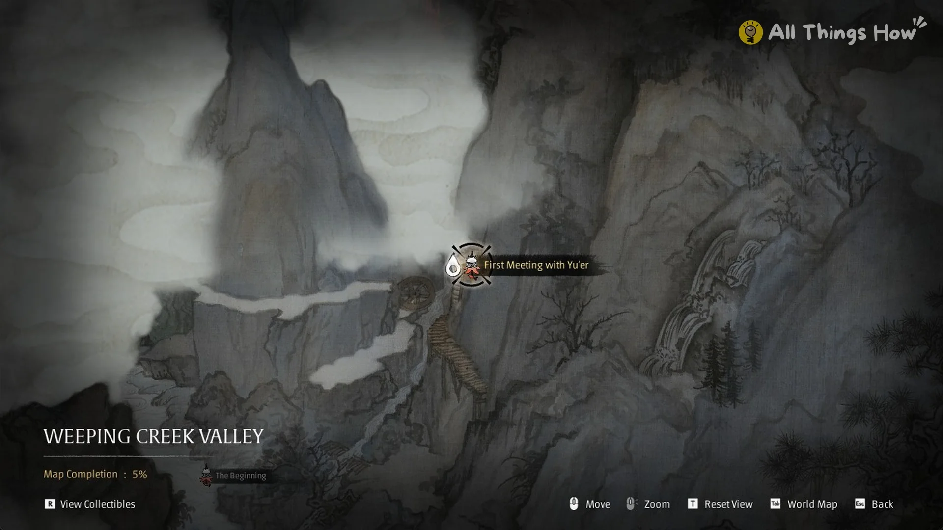 The Traverse map of Weeping Creek Valley with the First Meeting with Yu'er and The Beginning bells in Phantom Blade Zero