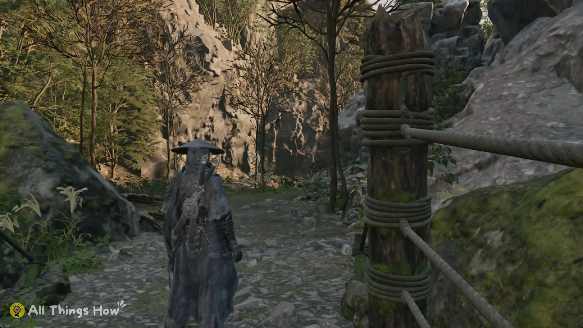 Soul beside a rope-bound wooden post on a forest trail, Phantom Blade Zero