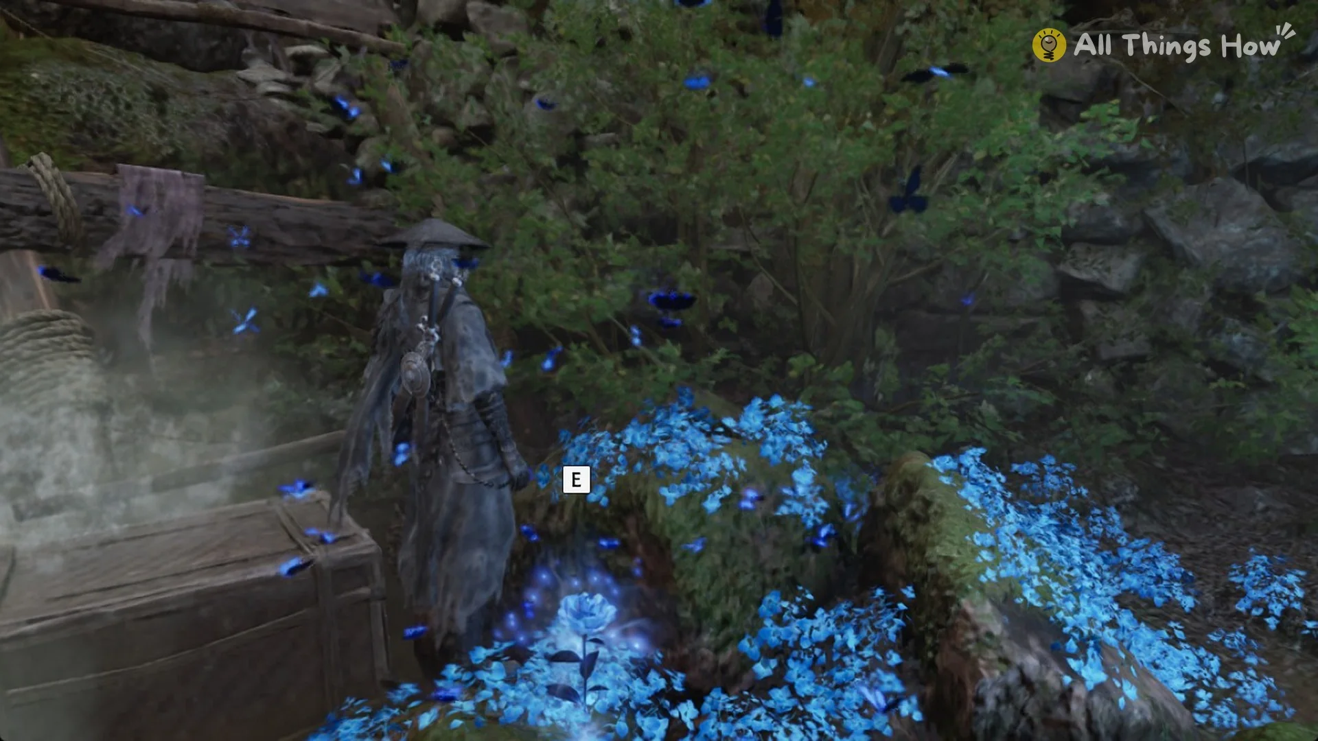 Soul at the blue flower bed of Firefly's Memory Flower II on the stream bank under the stone bridge, Phantom Blade Zero