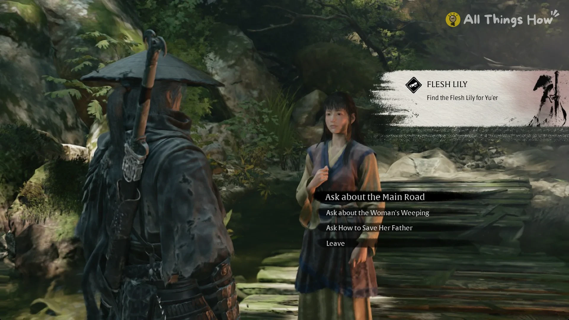 The Flesh Lily tale banner beside Yu'er's dialogue menu, Phantom Blade Zero