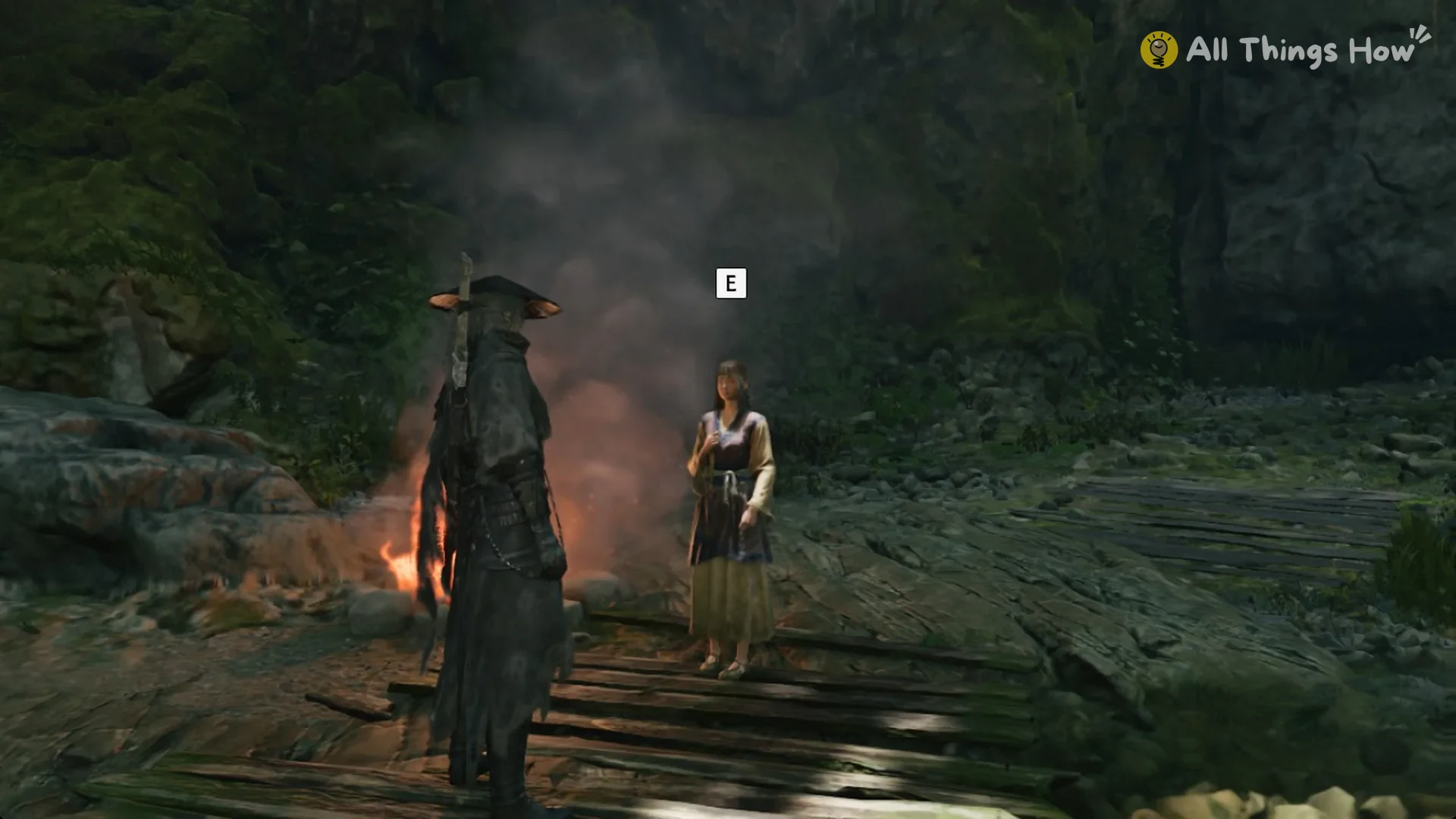 Yu'er at the campfire on the stream bank with the talk prompt, Phantom Blade Zero