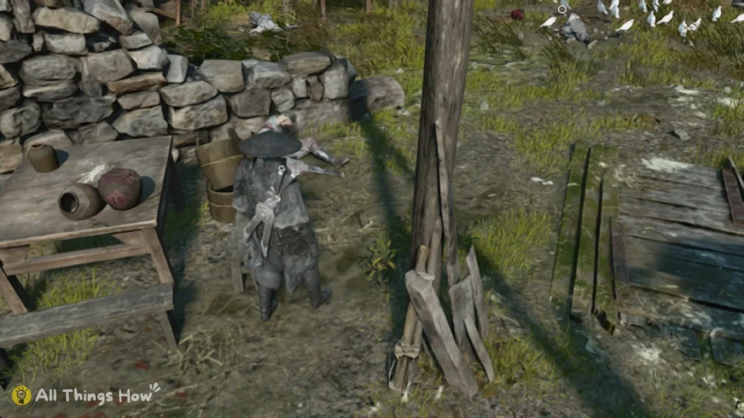 Soul beside a stone wall, jars and a wooden table in a camp in Weeping Creek Valley, Phantom Blade Zero