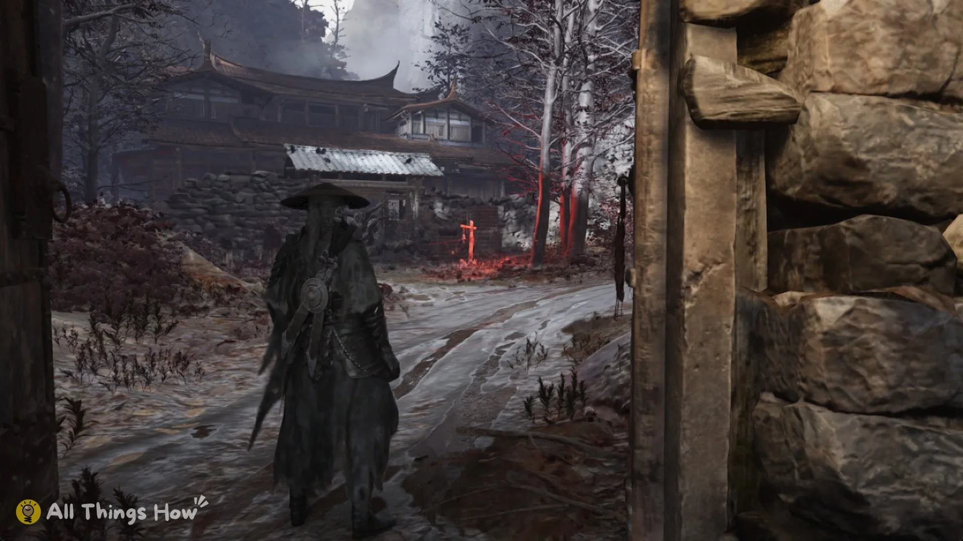 Road past the opened Forest Outpost gate leading to a large tiled-roof house and a red-glowing bell in Phantom Blade Zero