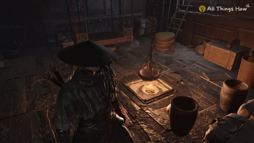 Soul inside the dark Forest Outpost key house beside the fire pit and hanging pot in Phantom Blade Zero