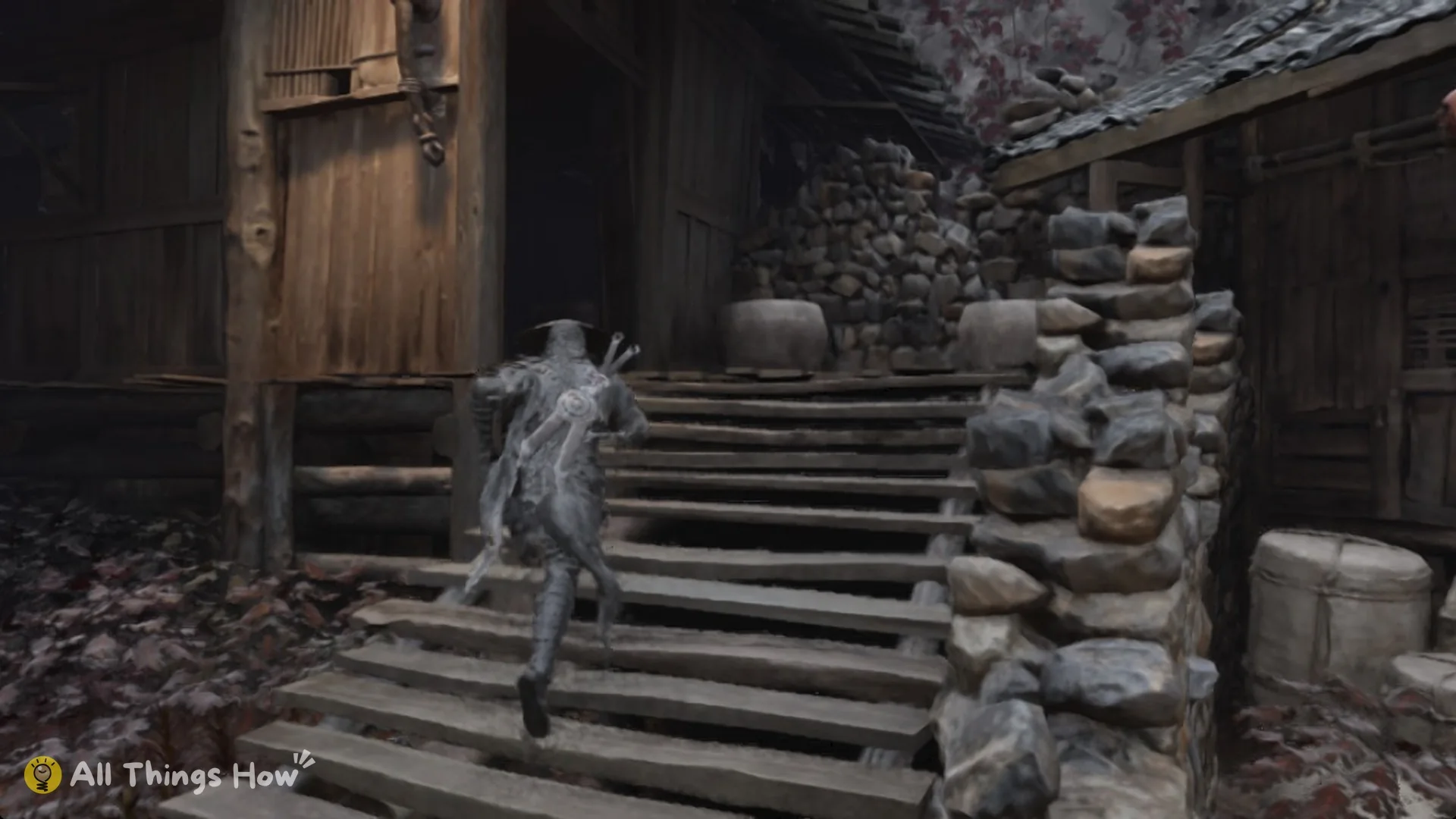 Soul climbing the wooden stairs between the log house and a stone wall in the Forest Outpost in Phantom Blade Zero