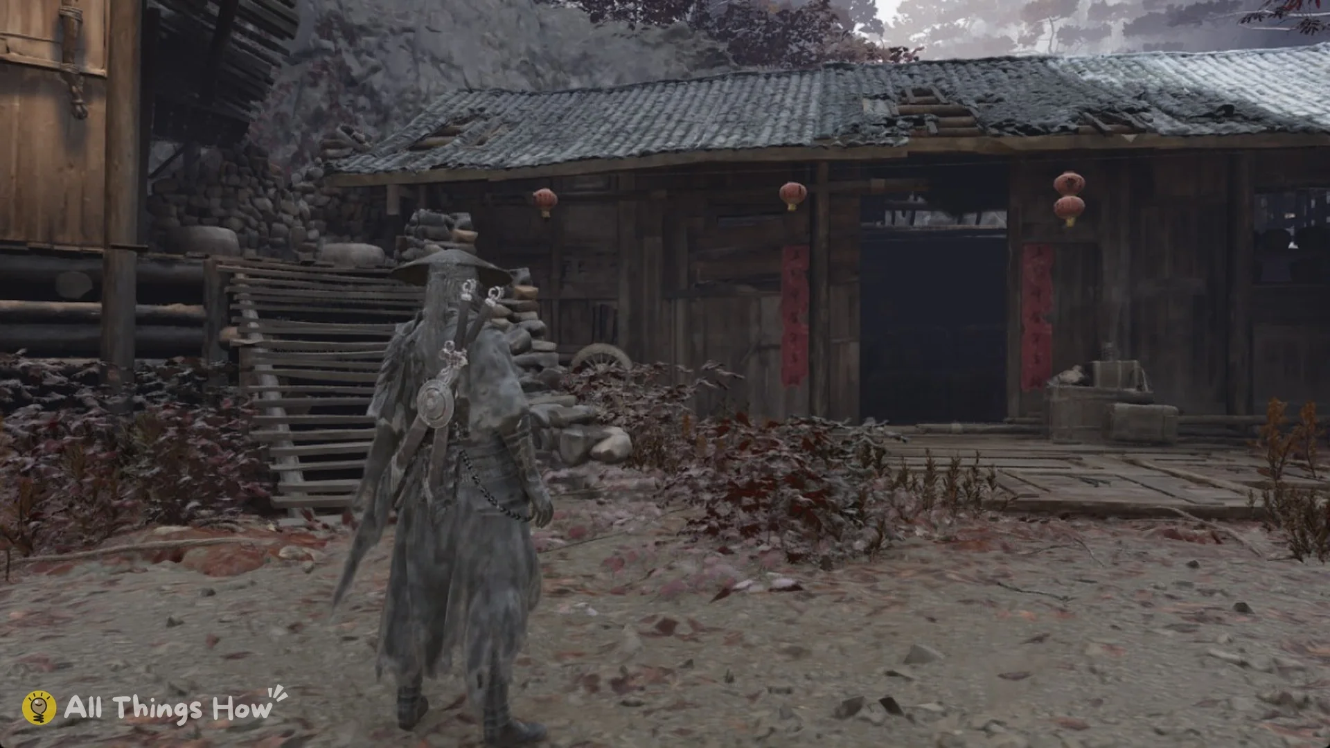 Wooden stairs climbing beside a log house with red lanterns on the Forest Outpost village path in Phantom Blade Zero