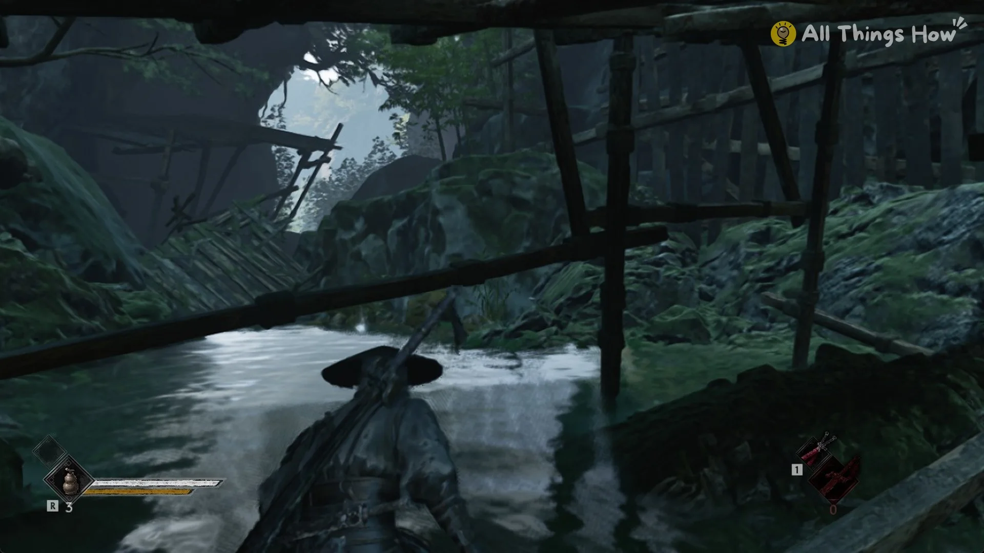 The collapsed wooden bridge deck slanting into the river near Rustblade Pavilion in Phantom Blade Zero