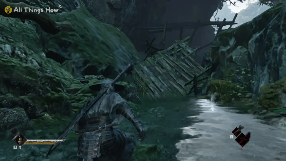 Wading through the river under the collapsed bridge near Rustblade Pavilion in Phantom Blade Zero