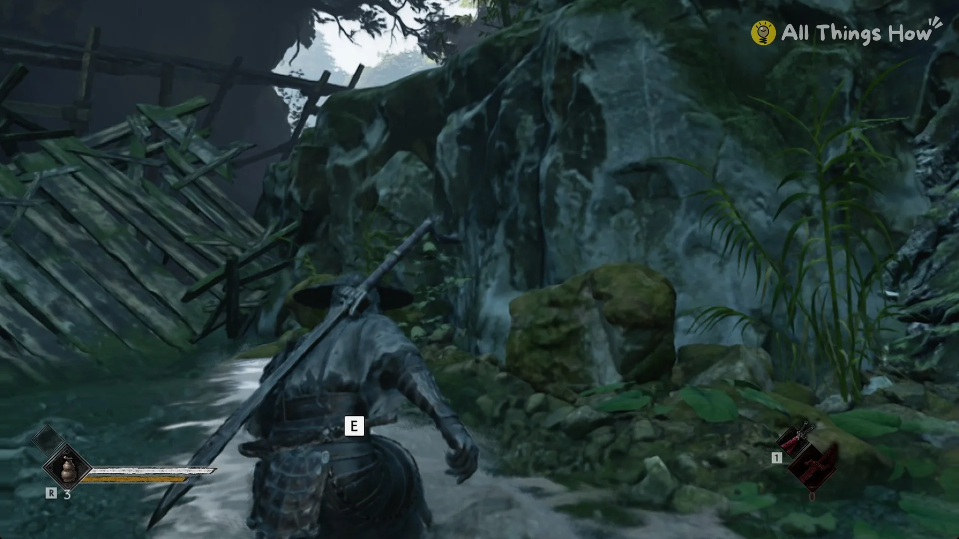 The E prompt at the Forged Metal glow by a mossy boulder in Phantom Blade Zero