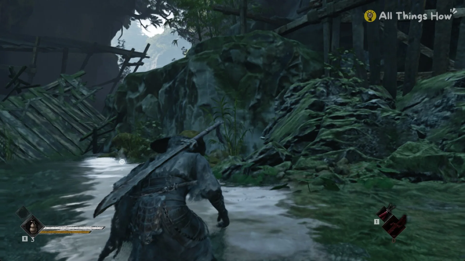Wading under the fallen bridge deck toward the Forged Metal in Phantom Blade Zero