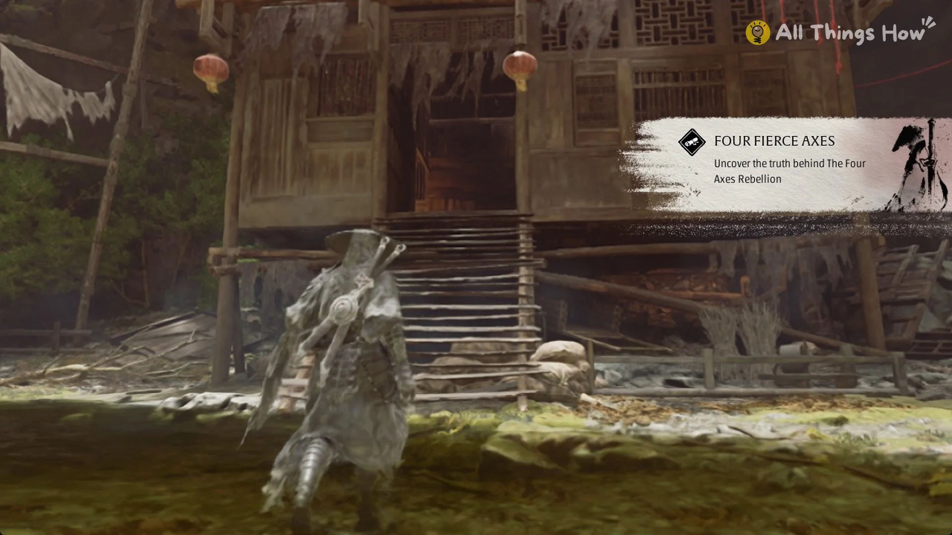 The Four Fierce Axes tale banner appearing in a village in Phantom Blade Zero