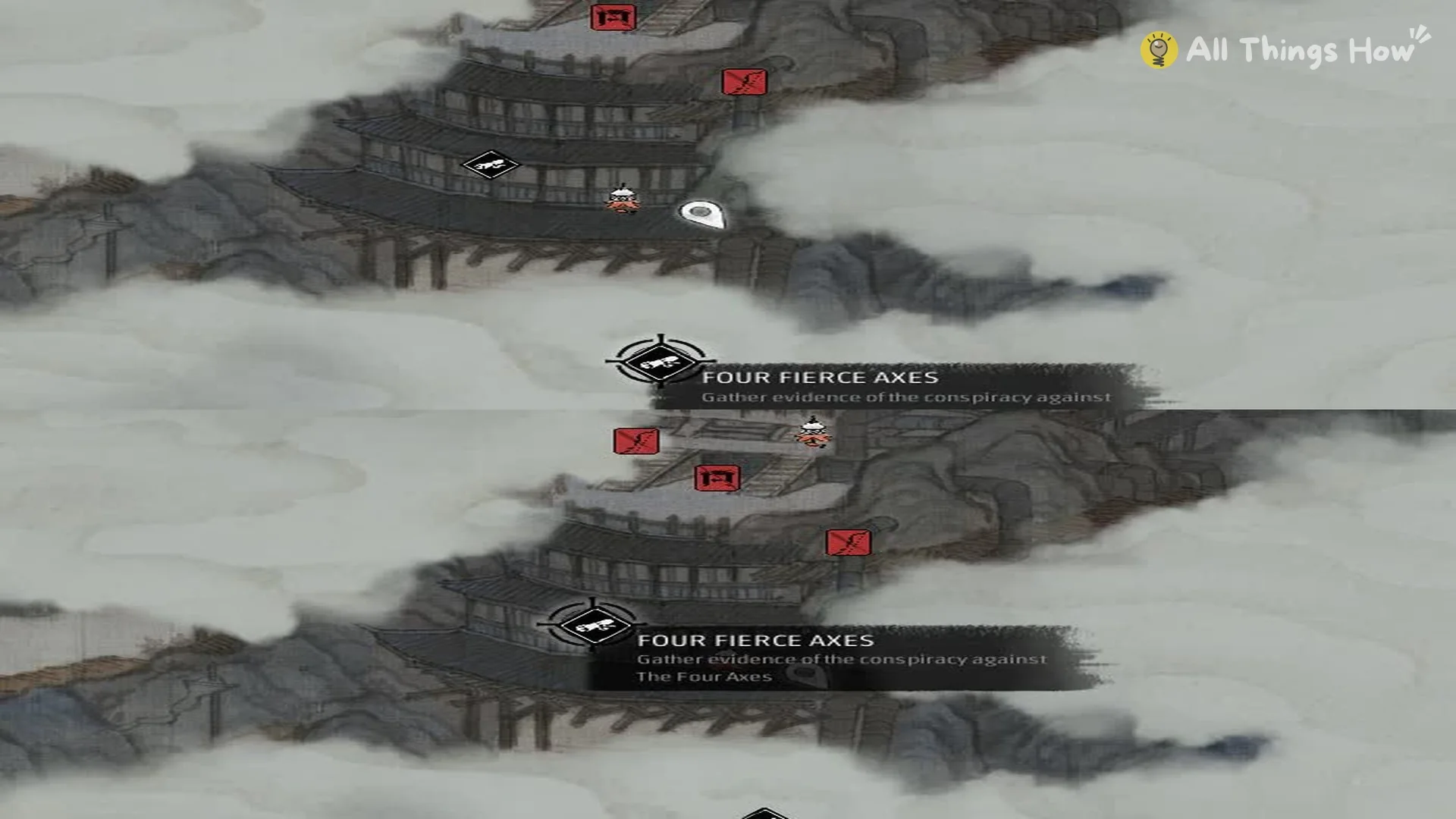 Map with two Four Fierce Axes markers reading Gather evidence of the conspiracy against The Four Axes by the Valley Sha-Chi Tower in Phantom Blade Zero