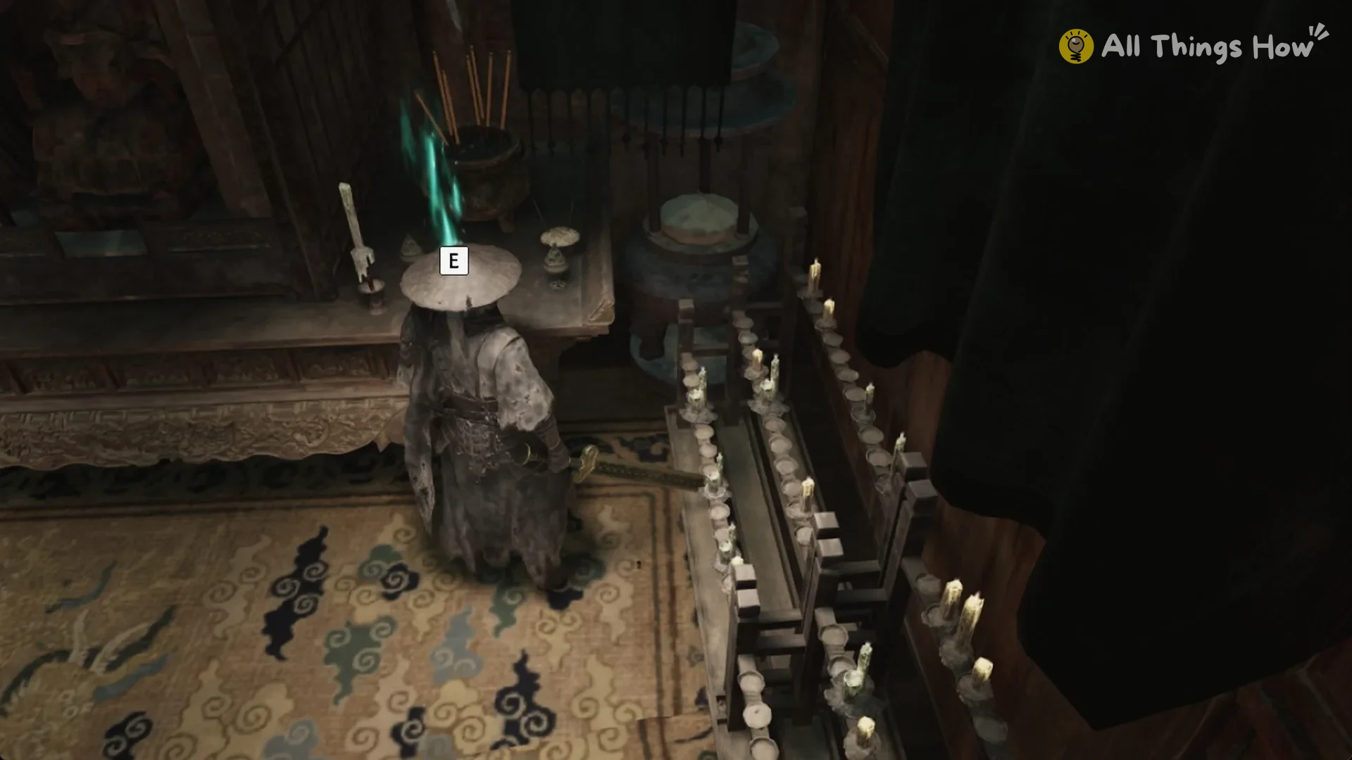 Soul at the candlelit altar on the Green Serpent House upper floor where The Four Serpent Houses letter lies, Phantom Blade Zero
