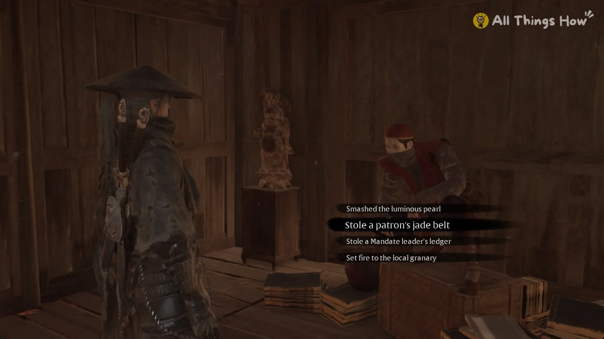 Gentle Thief first question with Stole a patron's jade belt selected in Phantom Blade Zero