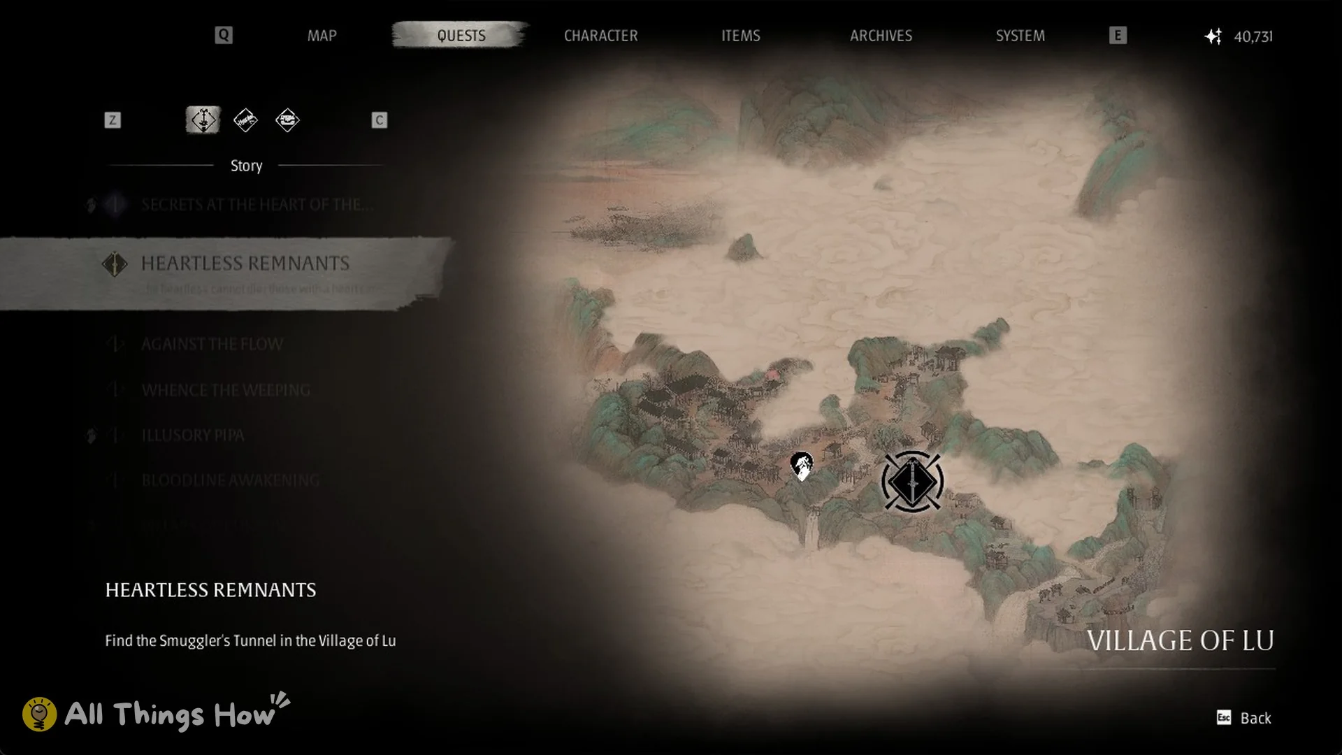 The Heartless Remnants quest objective Find the Smuggler's Tunnel in the Village of Lu, Phantom Blade Zero