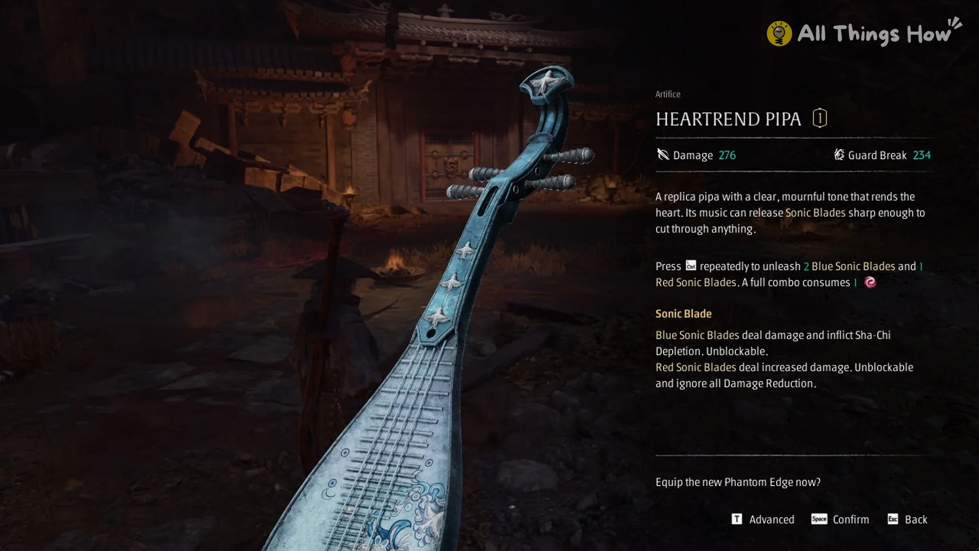 The Heartrend Pipa reward card, Artifice Phantom Edge, Damage 276, Phantom Blade Zero