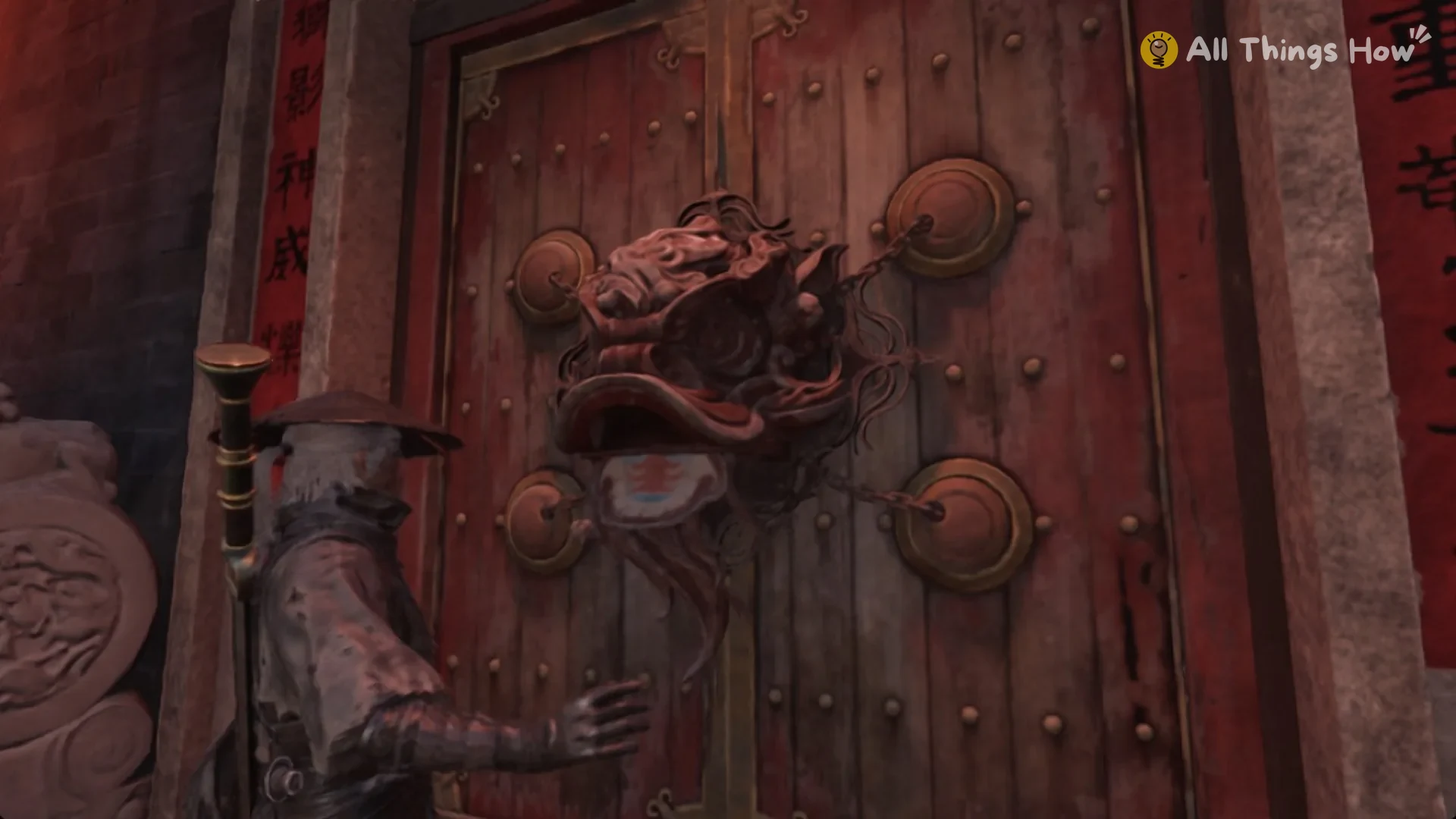 Soul pushing the red Lion Dance Hall gate with its lion-head knocker in Pangzhen, Phantom Blade Zero
