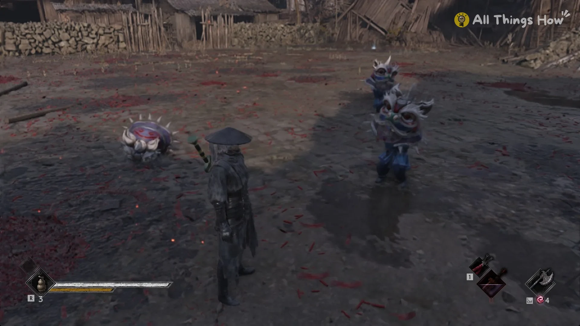 Soul facing three Ho-ho lion dancers in the fog-ringed yard of Pangzhen's backstreet, Phantom Blade Zero