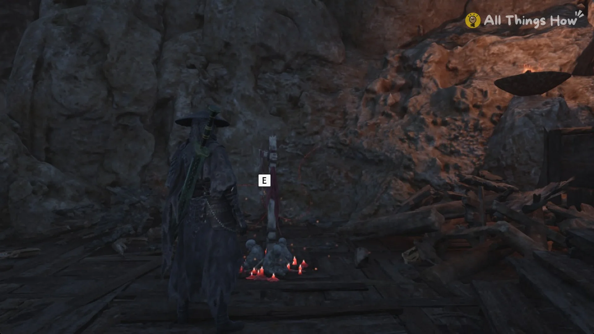 The E prompt at the Hidden Passage to Pangzhen bell cross, Phantom Blade Zero