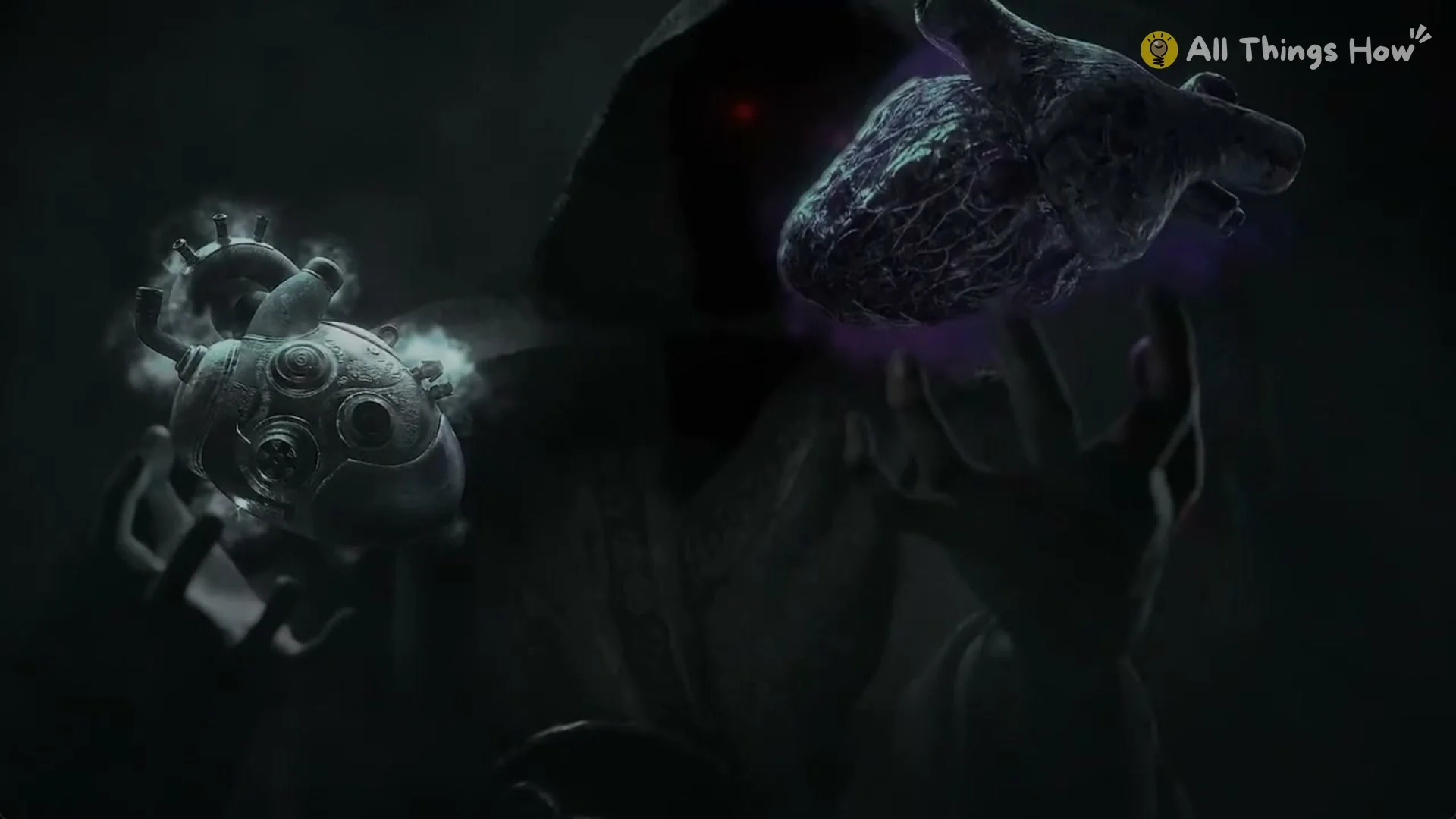 The Flesh Sculptor holding the mechanical Hollow Heart and the dark veined Tainted Heart in Phantom Blade Zero