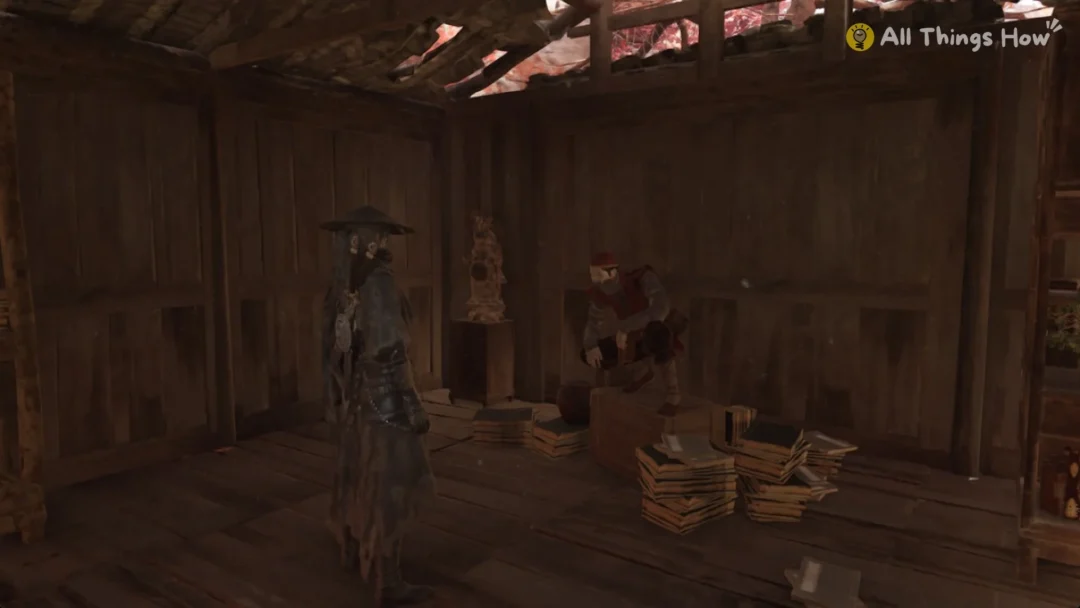 The Gentle Thief crouching on a crate in his house in the Thieves' Camp in Phantom Blade Zero