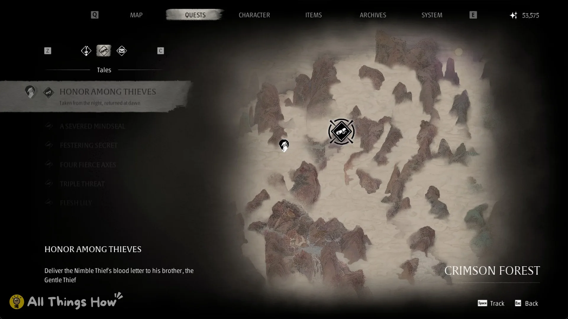 Honor Among Thieves in the Tales list with its marker on the Crimson Forest map in Phantom Blade Zero