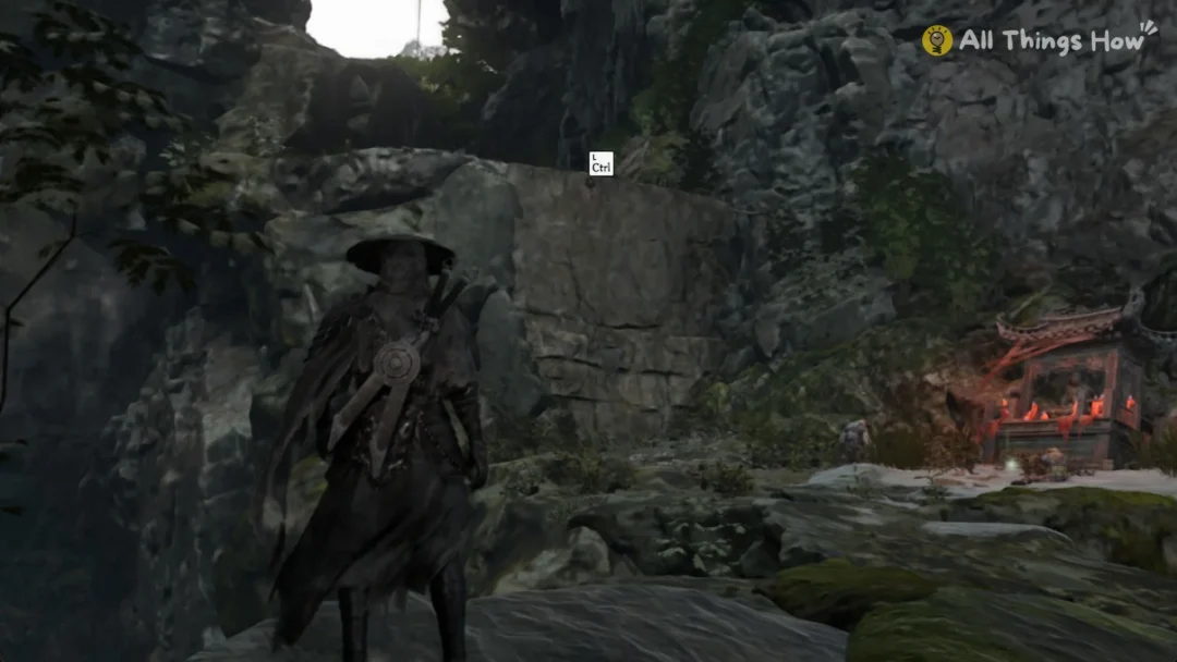 Soul below the Hunter's Chain Sickle anchor point and its L Ctrl prompt beside a red-candle shrine in Phantom Blade Zero