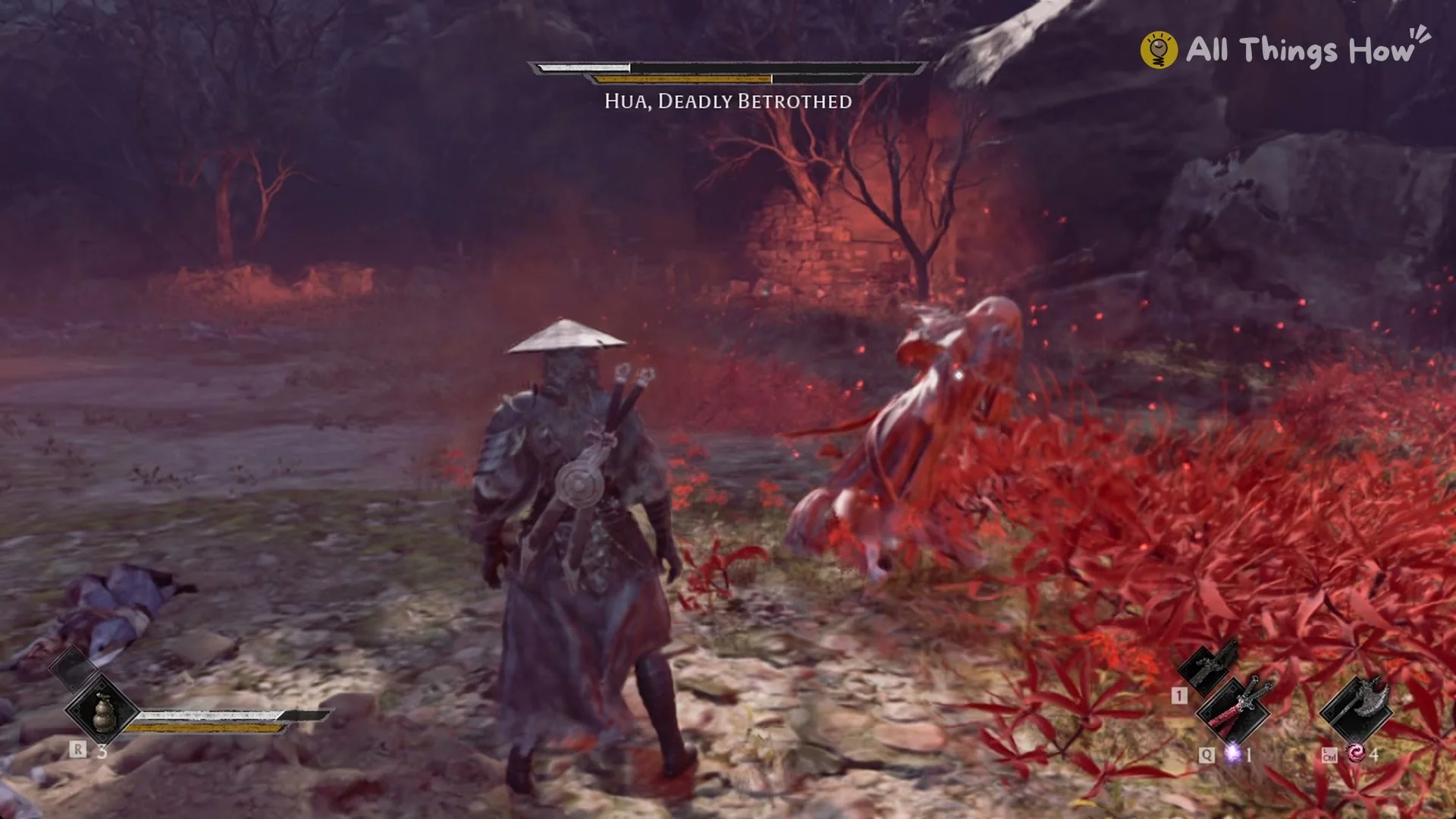 Soul facing Hua, Deadly Betrothed across a field of red spider lilies, Phantom Blade Zero
