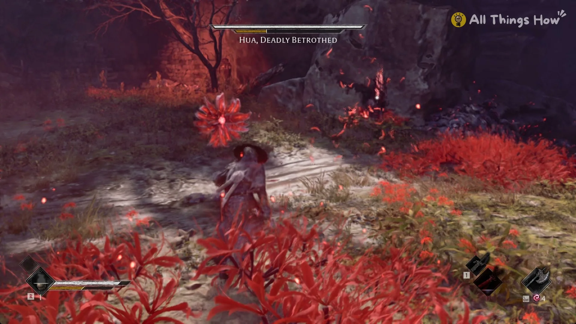 A red spider lily bloom hovering over Soul during the Hua, Deadly Betrothed fight, Phantom Blade Zero