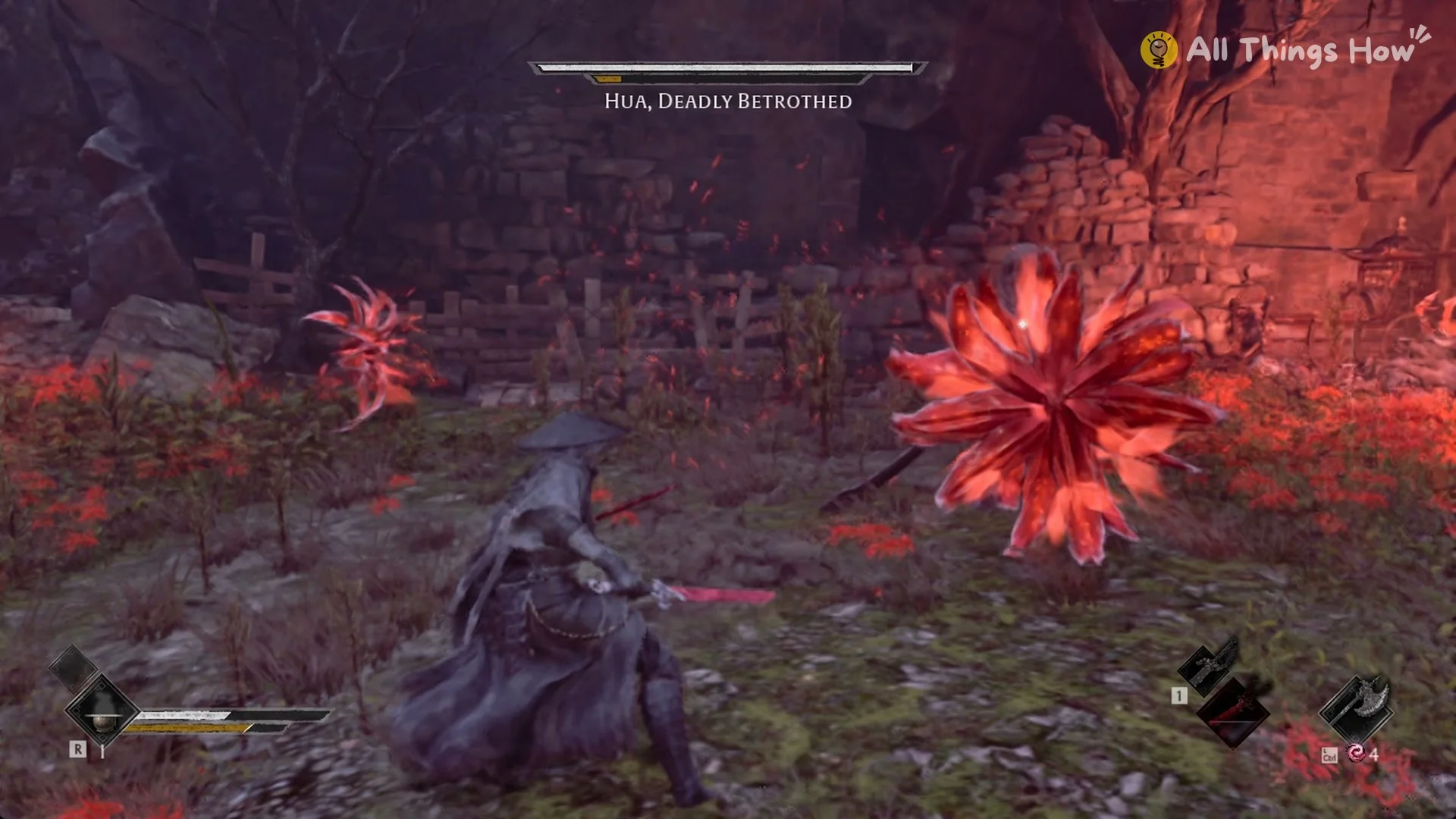 Giant red spider lily blooms drifting through the air toward Soul in the Hua boss fight, Phantom Blade Zero