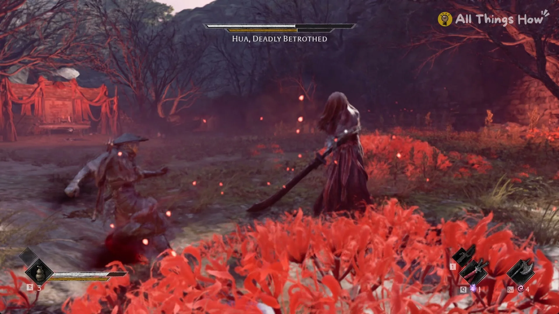 Hua, Deadly Betrothed standing among red spider lilies with her long blade lowered, the red-draped wedding altar behind her, Phantom Blade Zero