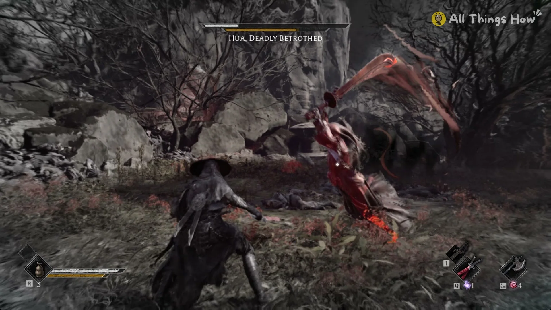 The screen drained to grey as Hua, Deadly Betrothed leaps at Soul with her blade raised, Phantom Blade Zero