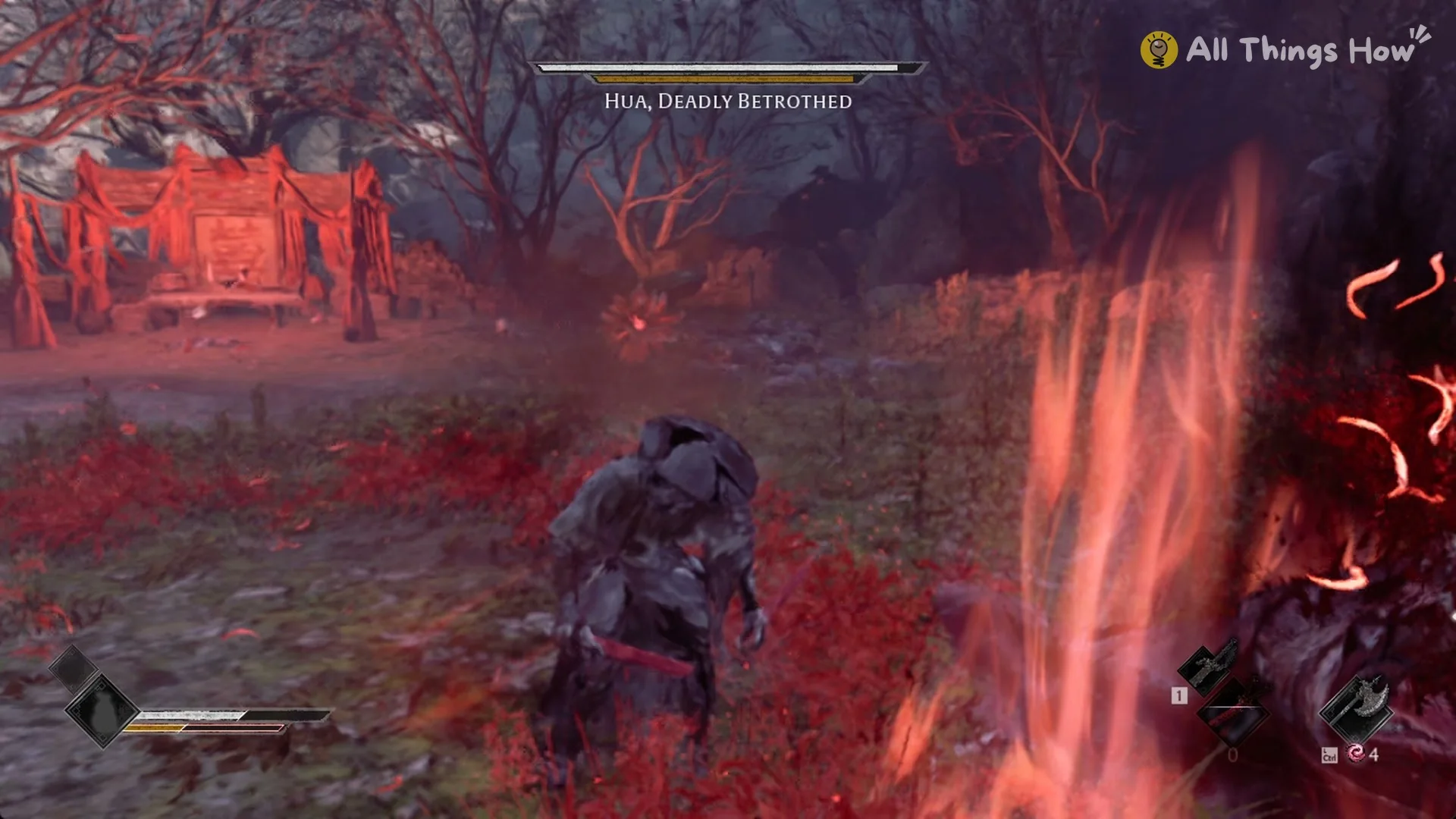 A column of red fire bursting from the spider lilies beside Soul in the Hua boss fight, Phantom Blade Zero