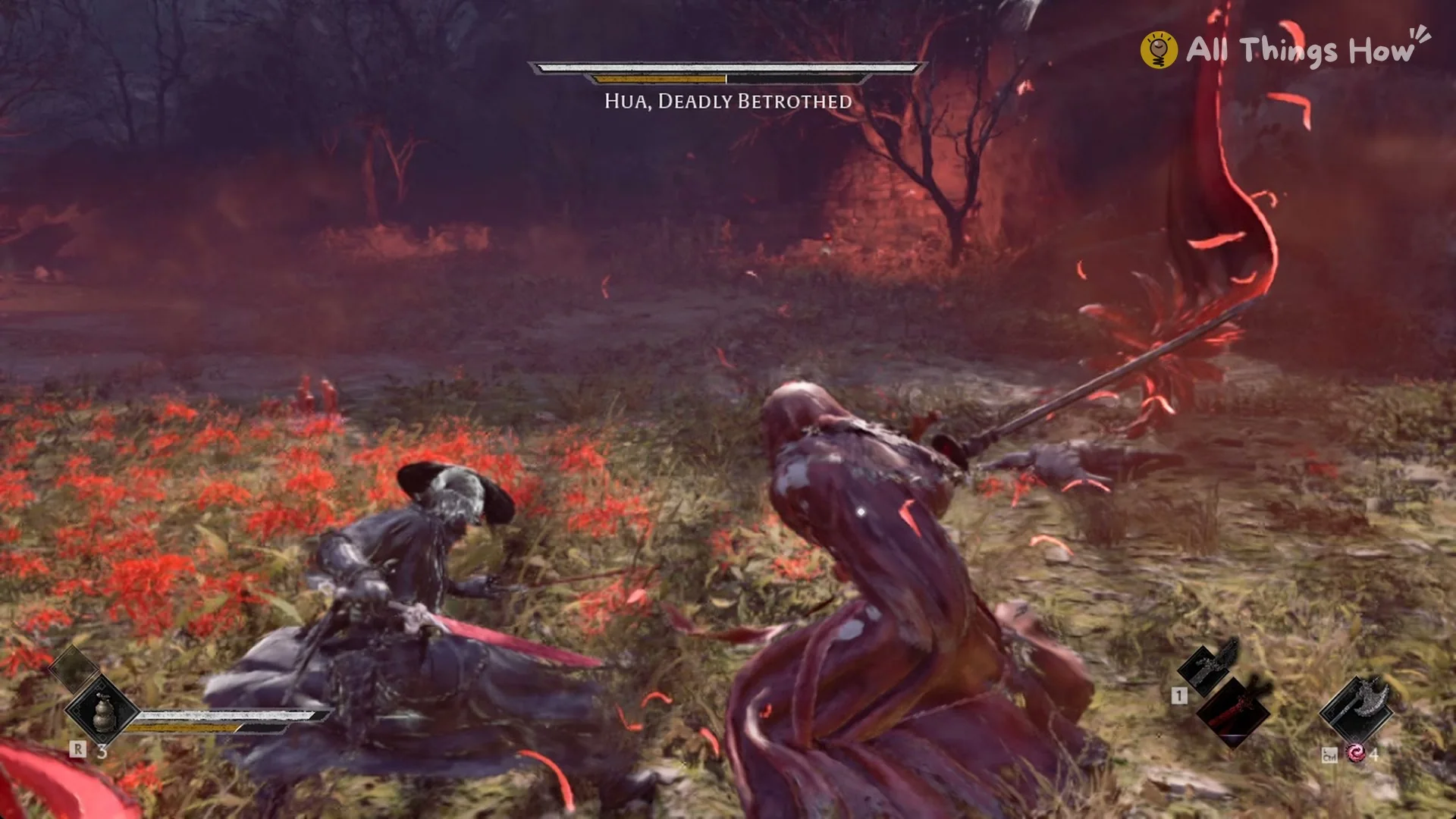 Hua, Deadly Betrothed reaching far forward with her long blade as petals swirl around Soul, Phantom Blade Zero