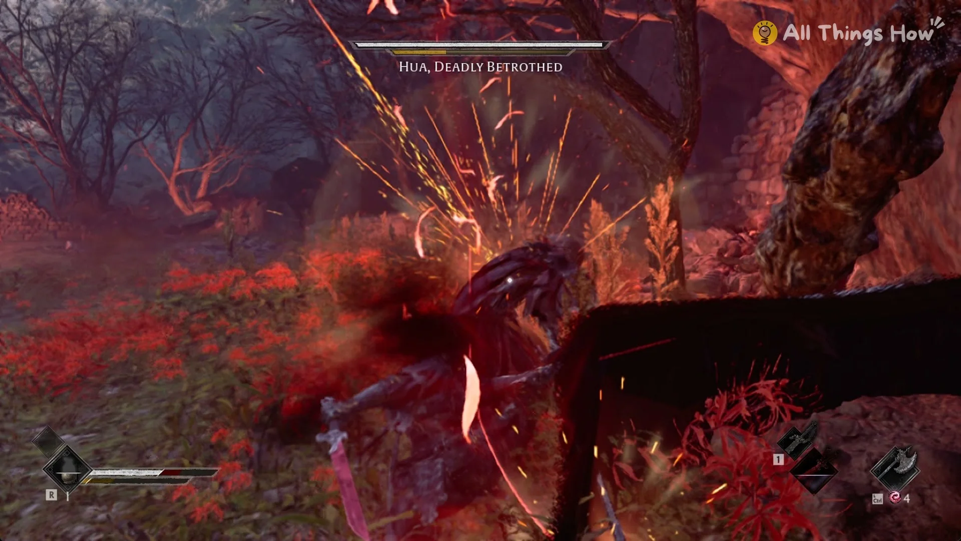 Sparks flying as Soul parries the blade of Hua, Deadly Betrothed among red lilies, Phantom Blade Zero