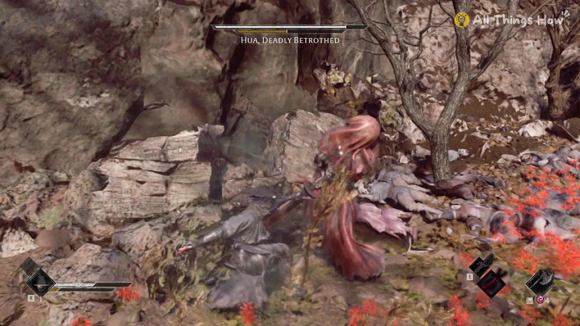 Hua, Deadly Betrothed lunging in to grab Soul among the rocks, Phantom Blade Zero