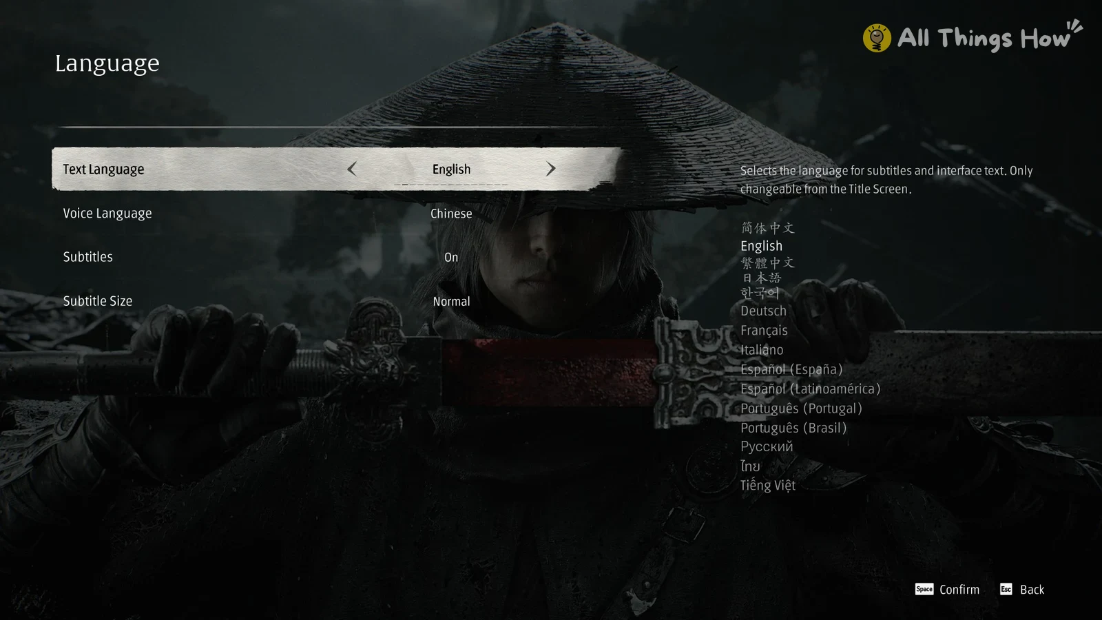 Language menu with Text Language highlighted on English and a list of fifteen languages on the right.