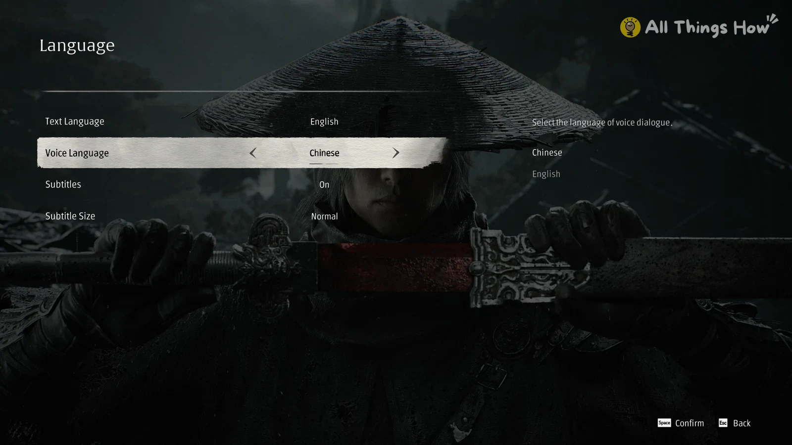 Dark settings menu with Voice Language highlighted on Chinese, over a figure in a straw hat holding a sword.