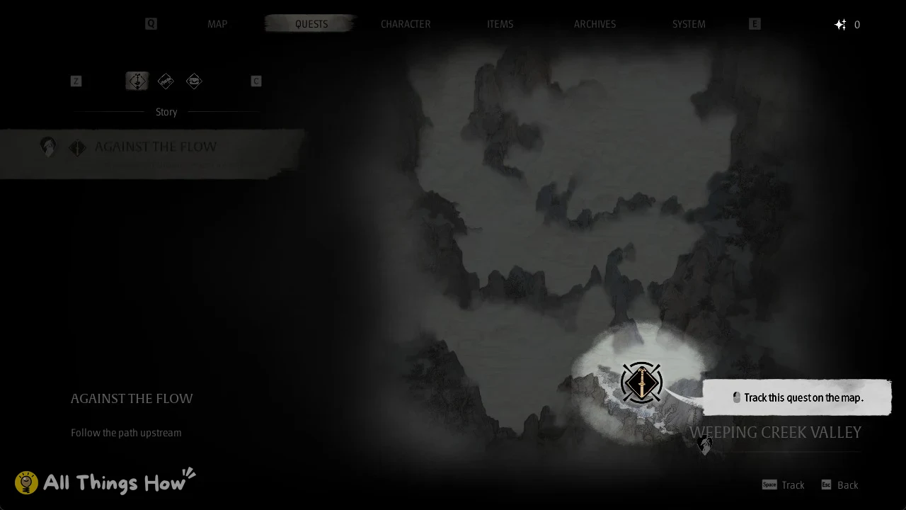 Quest menu with a highlighted quest marker on a mountain map and a tooltip reading Track this quest on the map.