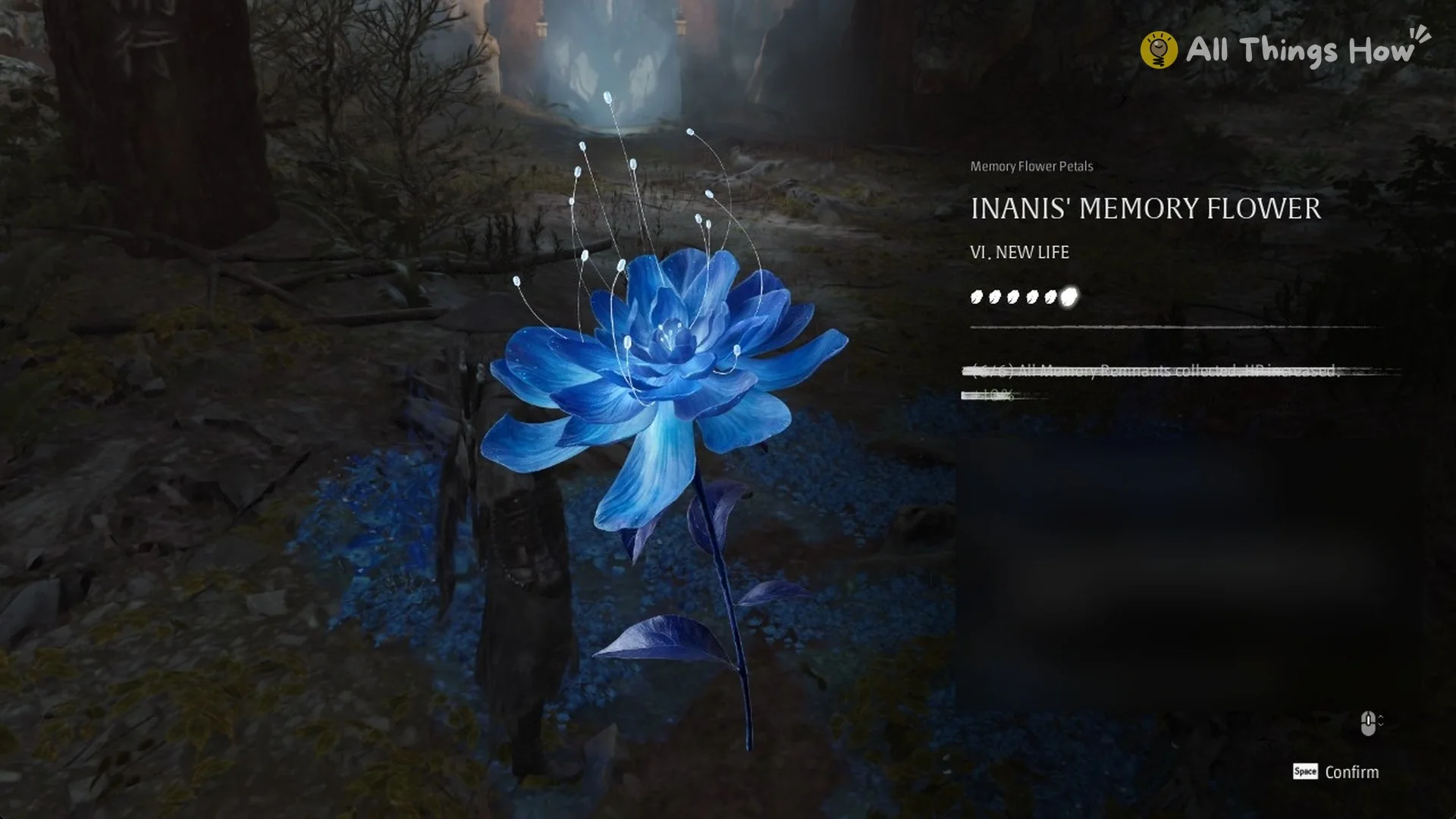 Inanis' Memory Flower card for VI. New Life with all six petal marks lit, Phantom Blade Zero