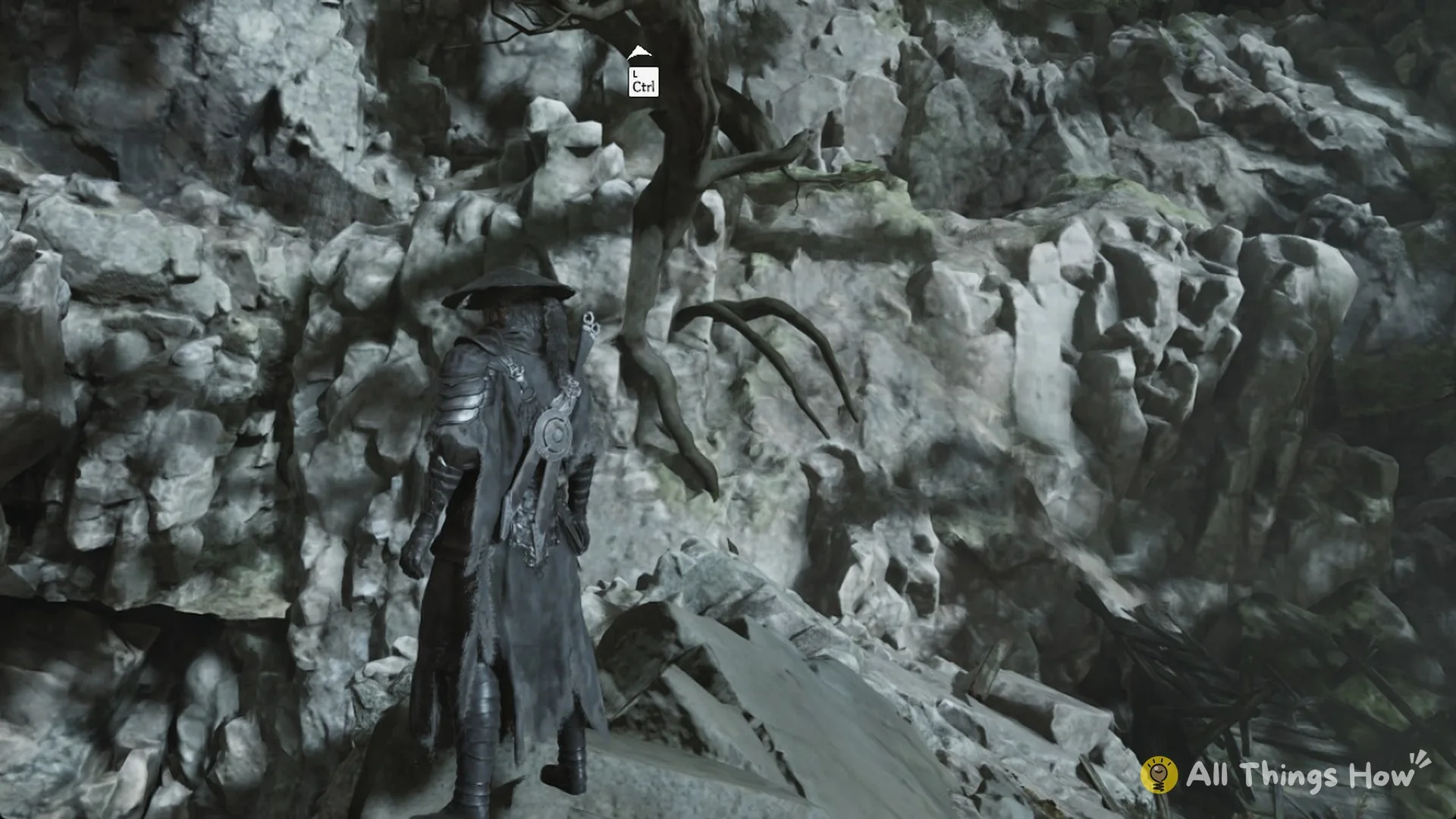 L Ctrl grapple prompt on a tree high on the cliff at the top of the road, Phantom Blade Zero