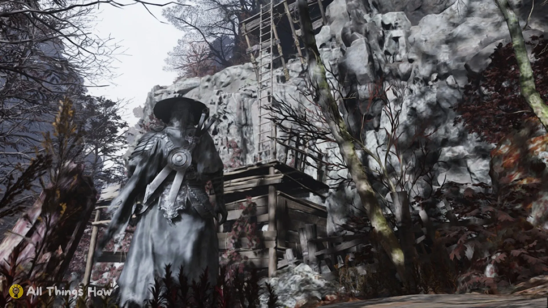 Wooden scaffold platform and ladder on the cliff above the road near the Red Serpent House bell in Phantom Blade Zero