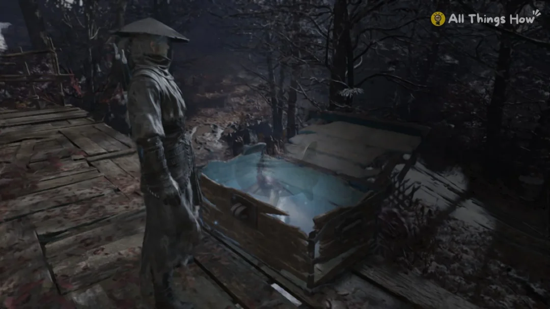 Soul opening the Incense Ash chest on the cliff scaffold in Crimson Forest in Phantom Blade Zero