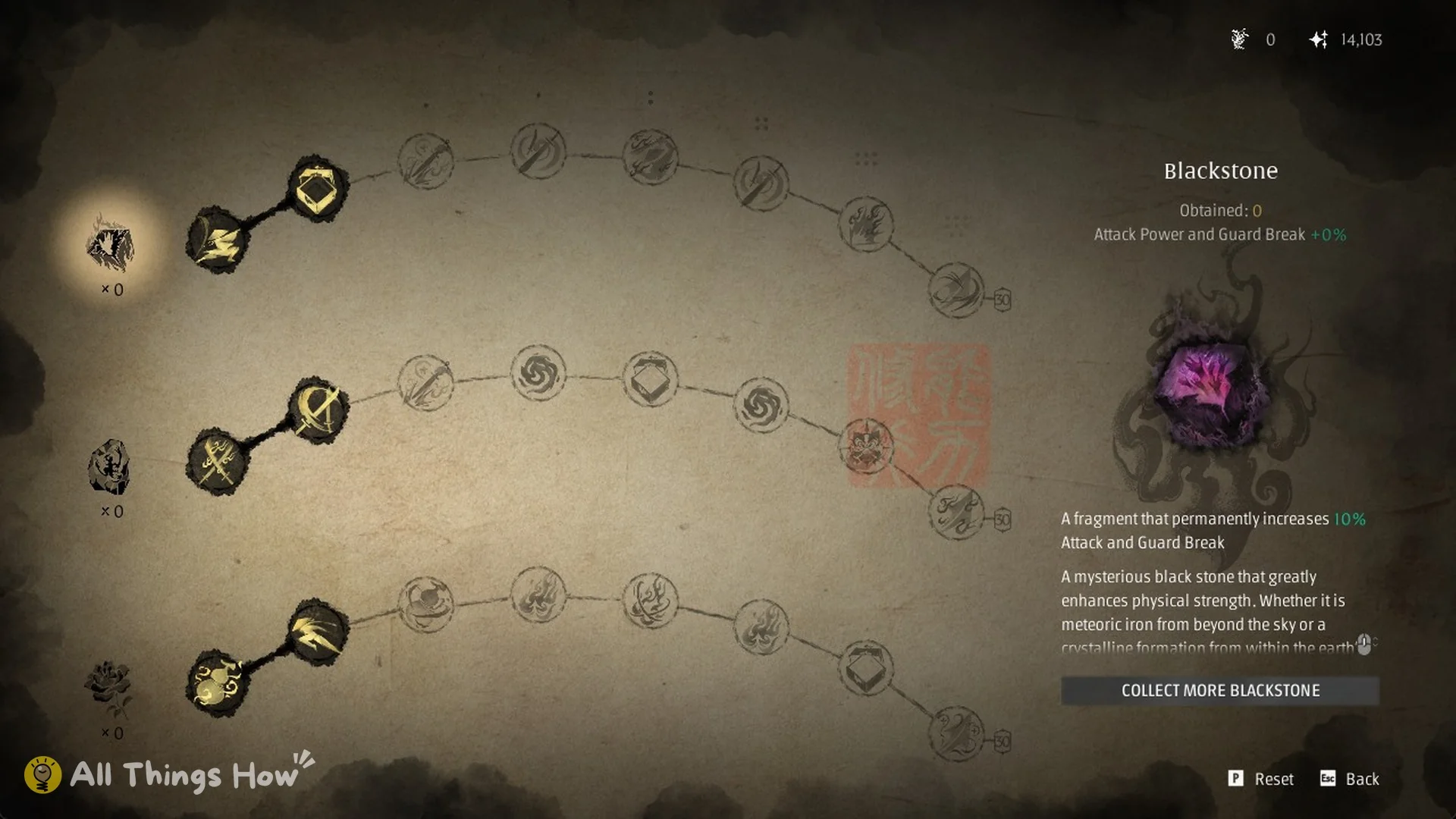 Phantom Blade Zero Blackstone panel on the training screen showing Attack Power and Guard Break +0%