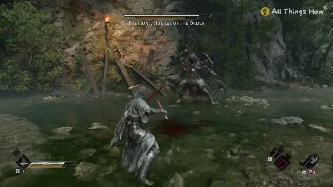 Soul facing The Hunt in the Great Waterfall pool in Phantom Blade Zero