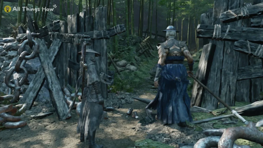 An Ironchain Gate Guard beside the cut chain barricade at the Outpost in Phantom Blade Zero