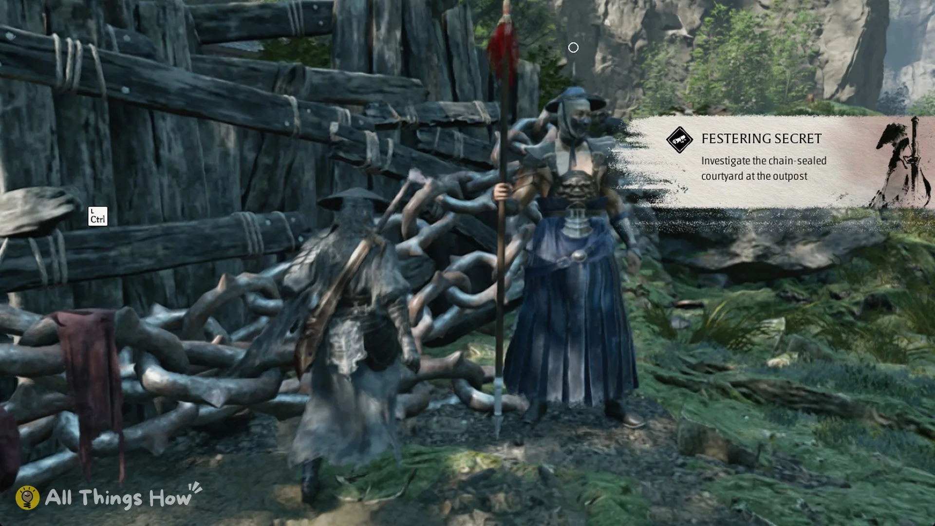 The chain barricade at the Outpost with the Festering Secret quest and L Ctrl prompt in Phantom Blade Zero