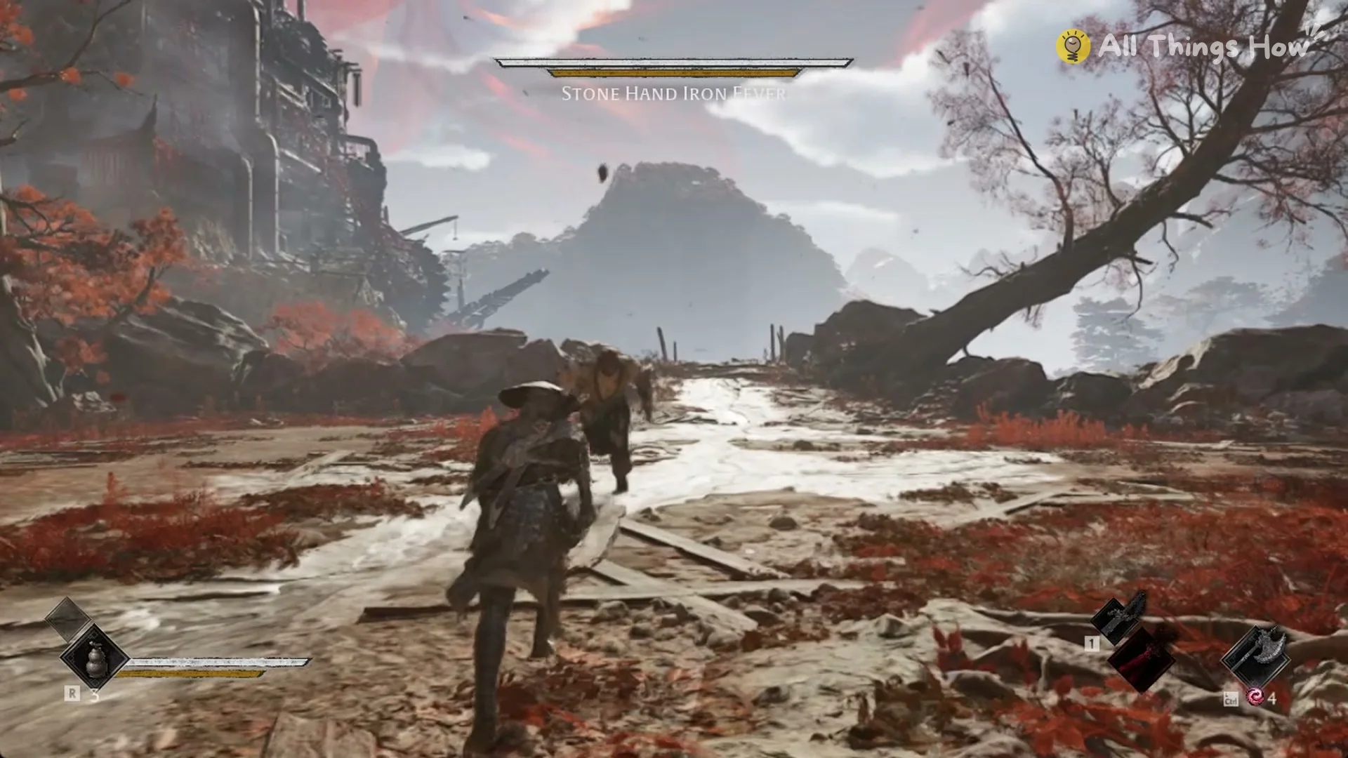 Stone Hand Iron Fever charging at Soul across the muddy clearing in Crimson Forest, Phantom Blade Zero