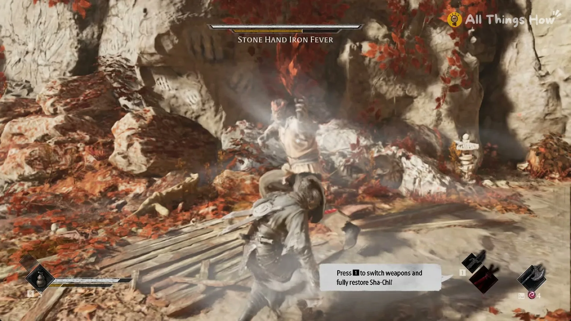 Stone Hand Iron Fever leaping down onto Soul in a burst of dust, Phantom Blade Zero